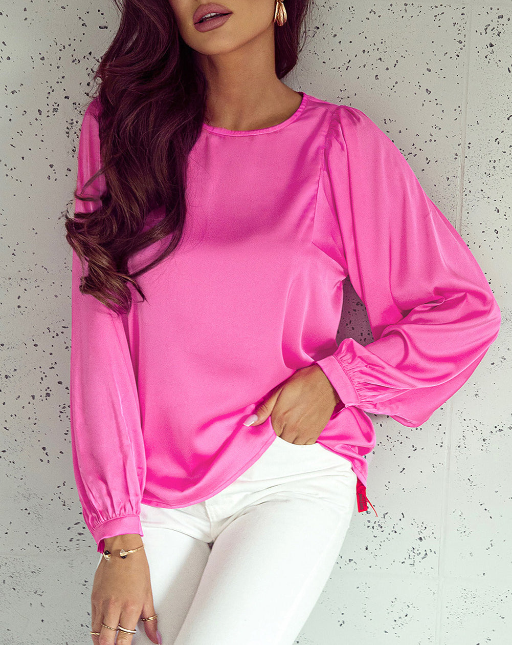 Satin Puff Long Sleeve Crewneck Blouse