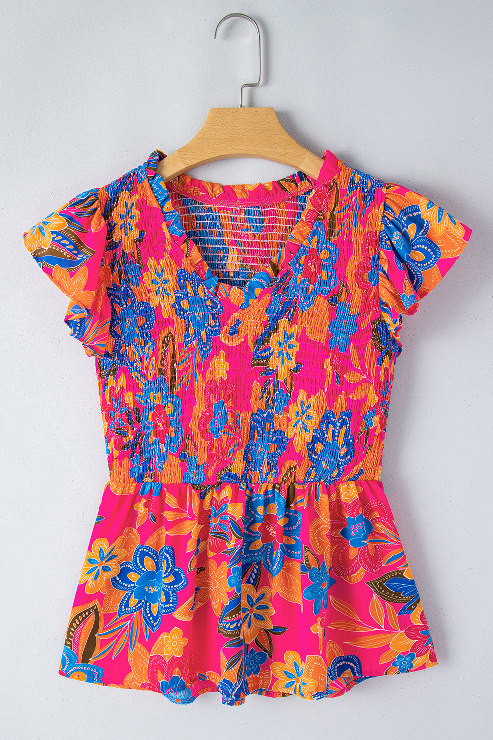 Floral Print Smocked Ruffle Trim Flutter Sleeve Blouse