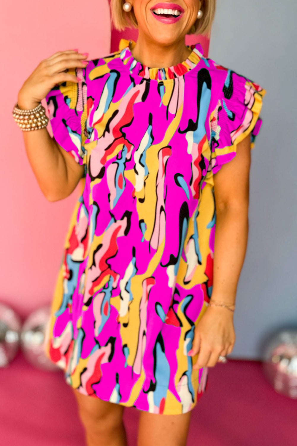 Abstract Print Frilled Neck Ruffled Sleeve Mini Dress