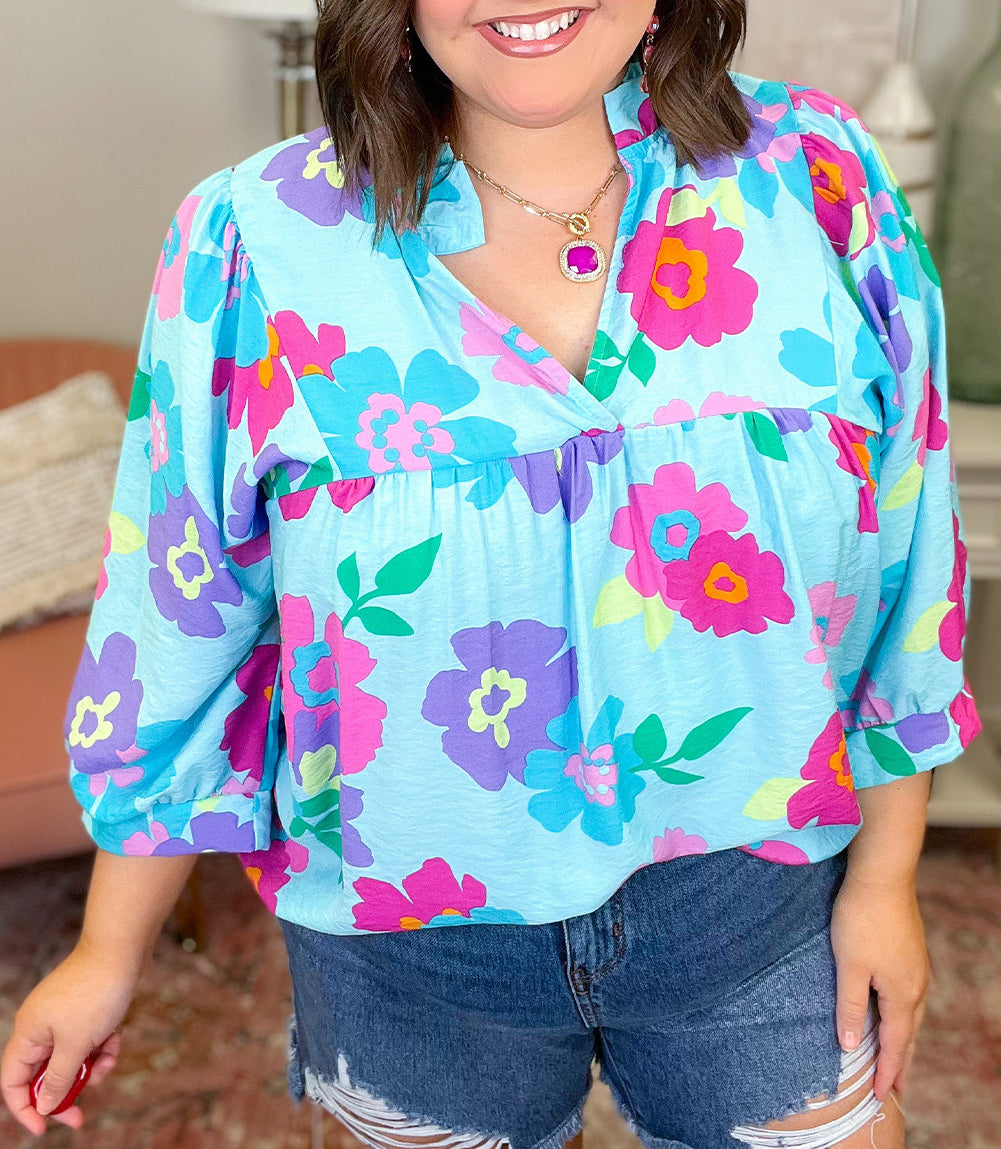 Plus Size Floral Print Notched V Neck Babydoll Blouse