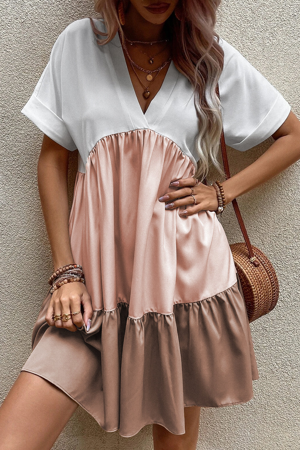 Triple Colors V Neck Folded Cuffs Tiered Loose Dress