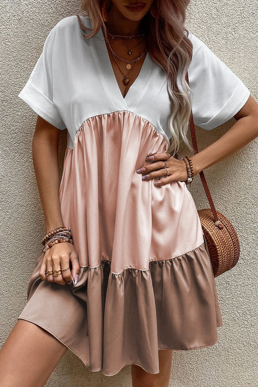 Triple Colors V Neck Folded Cuffs Tiered Loose Dress