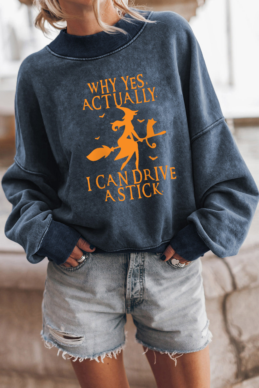 Blue Halloween Letter Graphic Drop Shoulder Sweatshirt