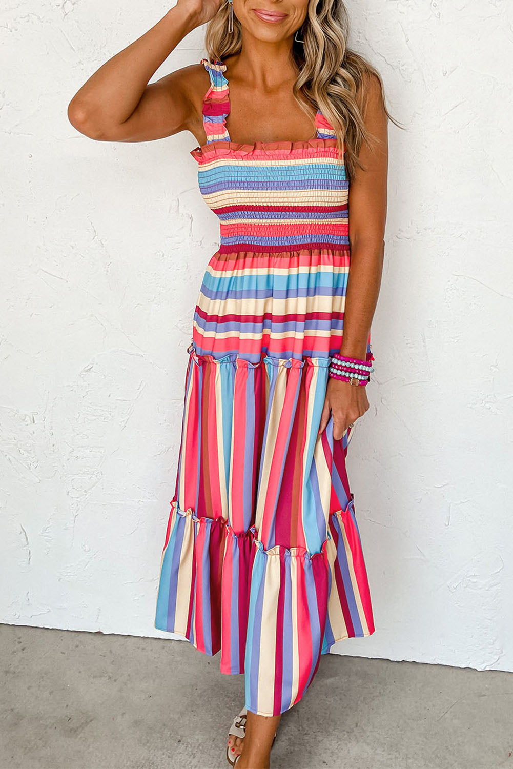 Stripe Ruffled Straps Smocked Tiered Long Dress