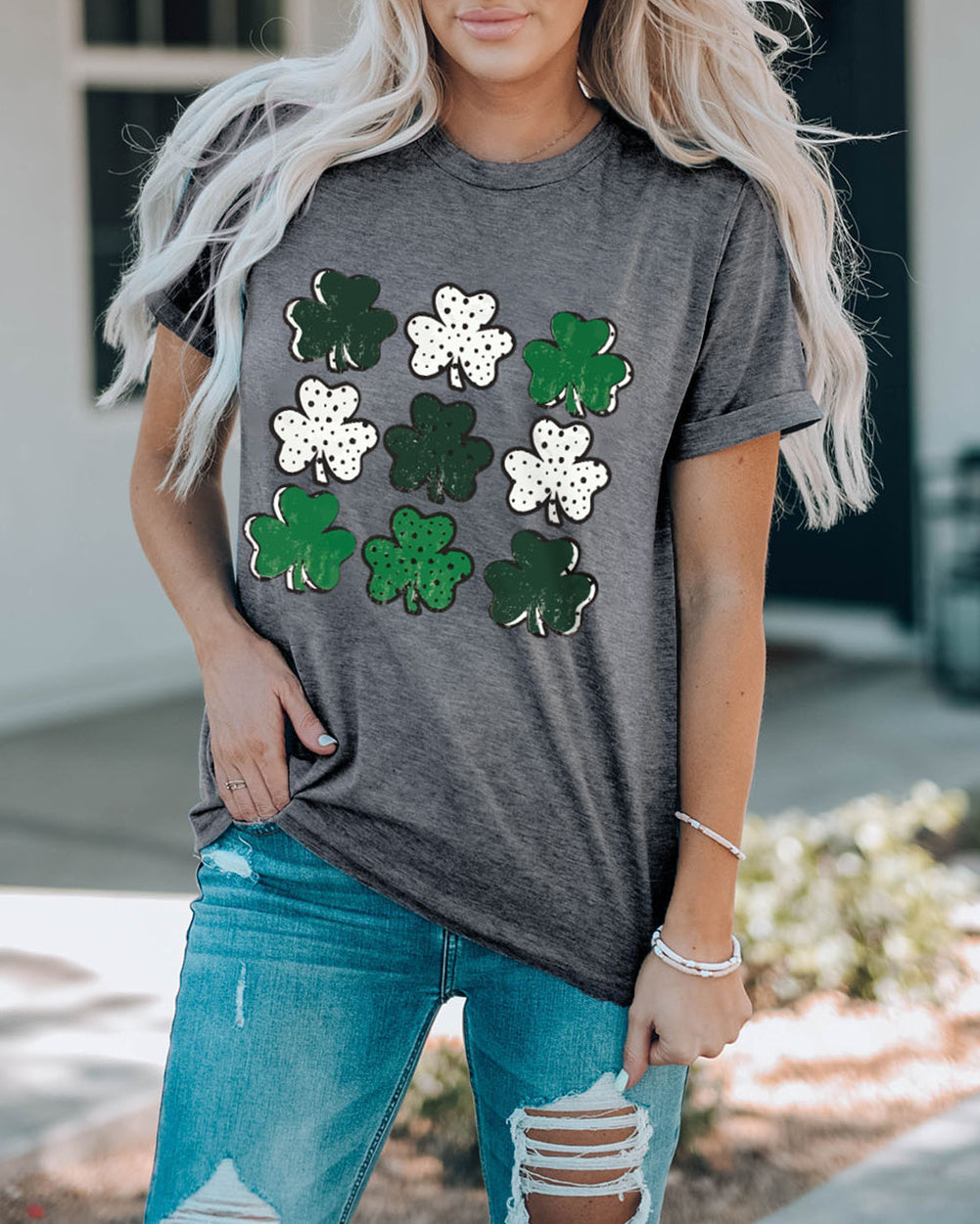 Dotted Clovers Print Round Neck T Shirt
