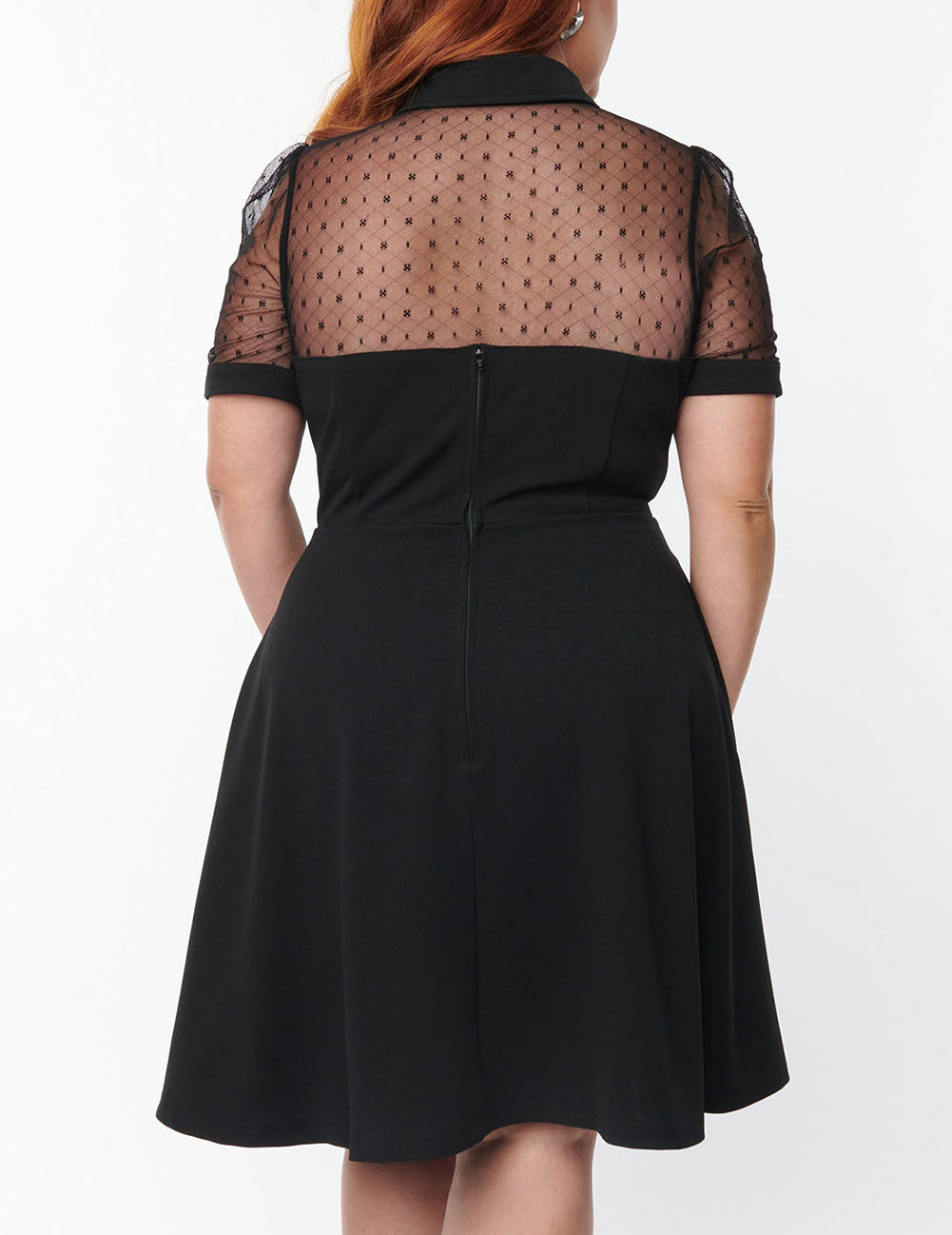 Black Plus Size Collared Mesh Yoke Fit Flare Dress