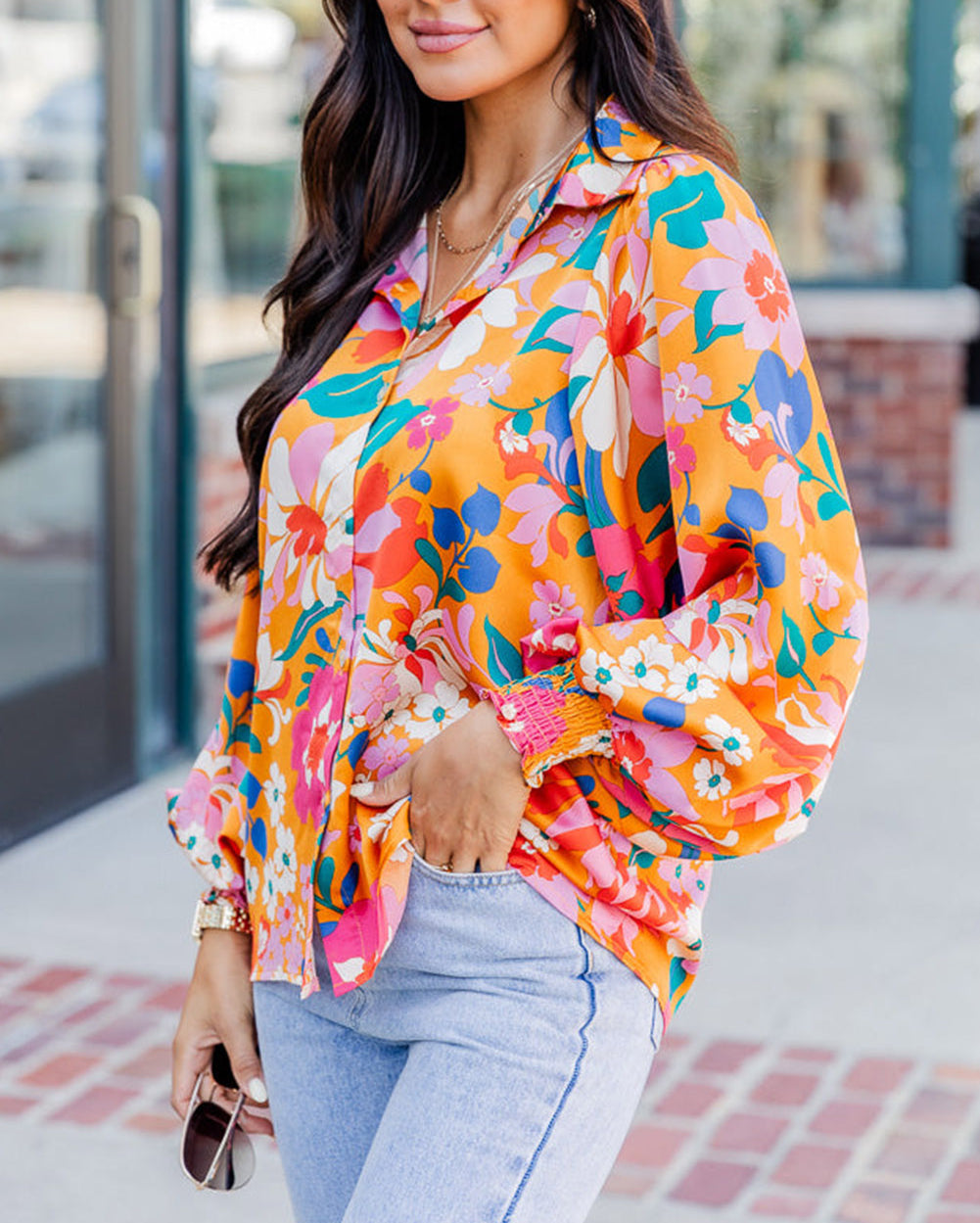 Floral Print Buttons Front Bubble Sleeve Shirt