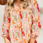 Printed Split V Neck Puff Sleeve Blouse