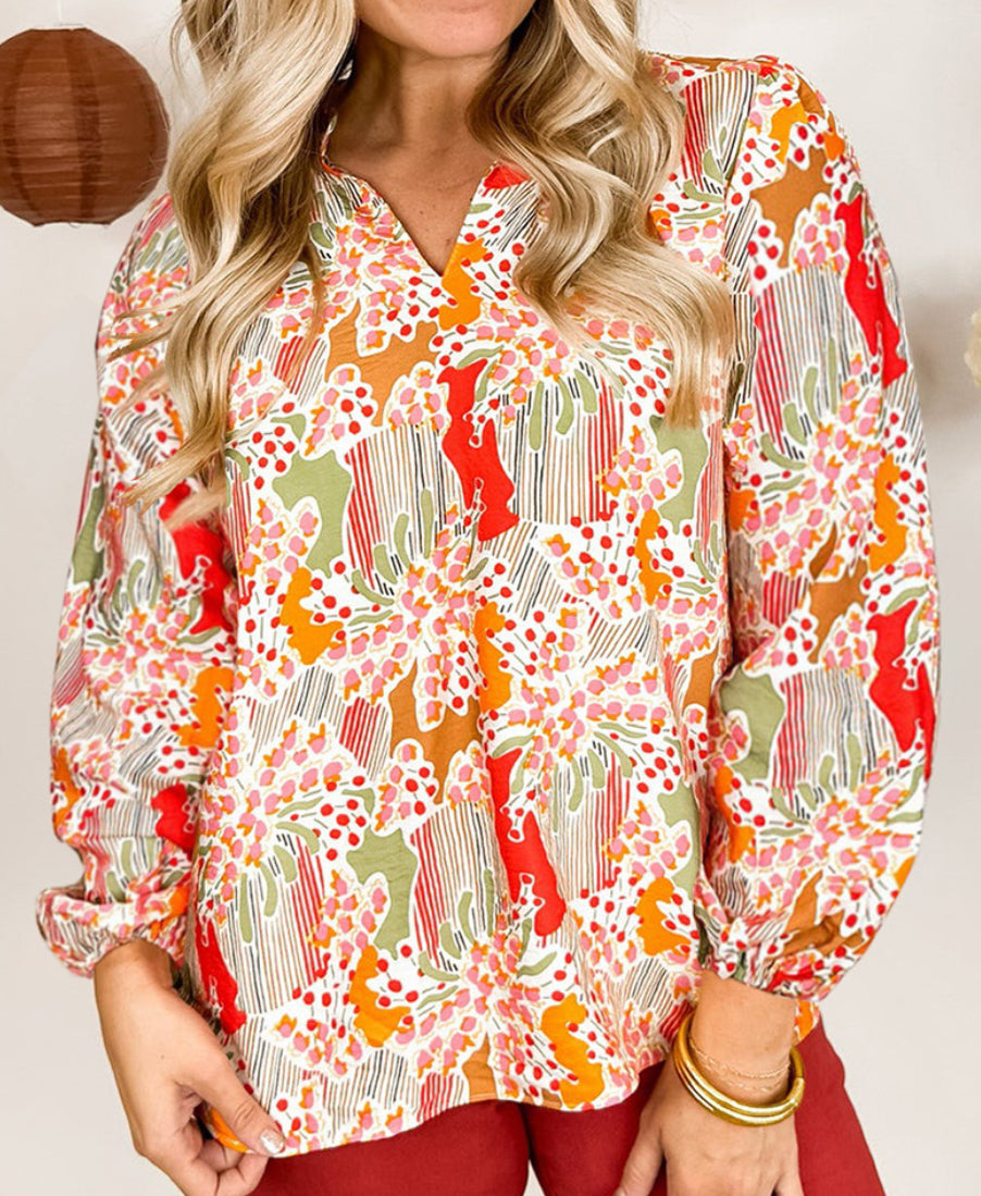 Printed Split V Neck Puff Sleeve Blouse