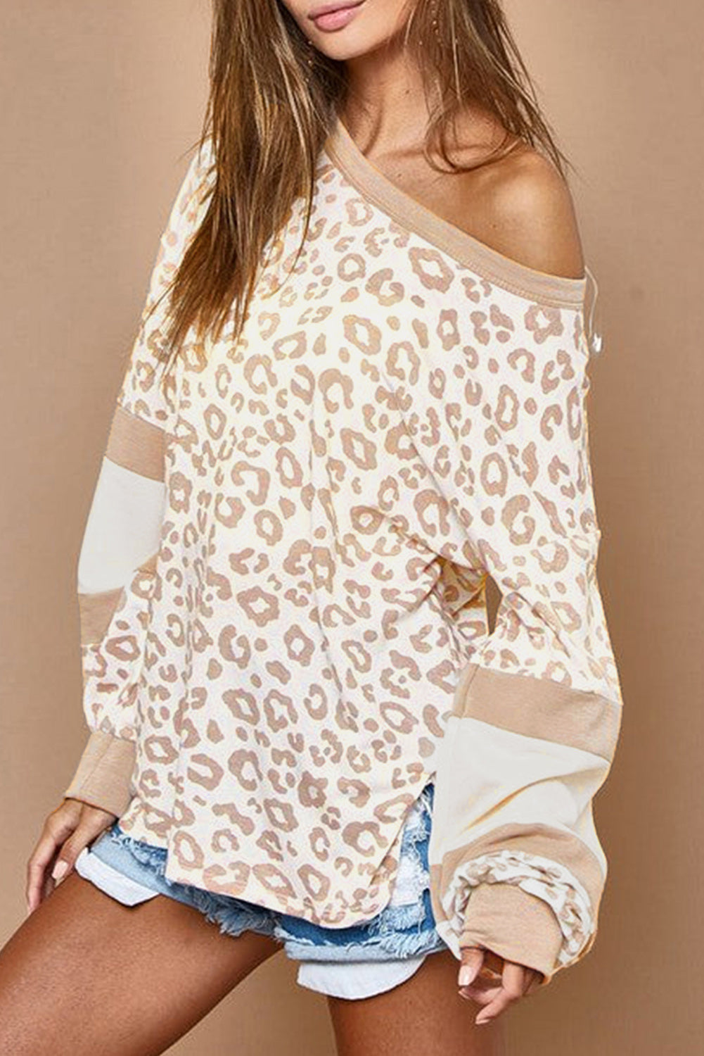 White Leopard Print Round Neck Puff Sleeve Top