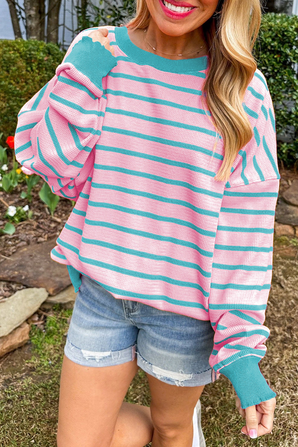 Stripe Trimmed Round Neck Drop Shoulder Loose Sweater