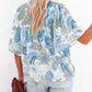 Sky Blue Paisley Print Wide Sleeves Loose Blouse