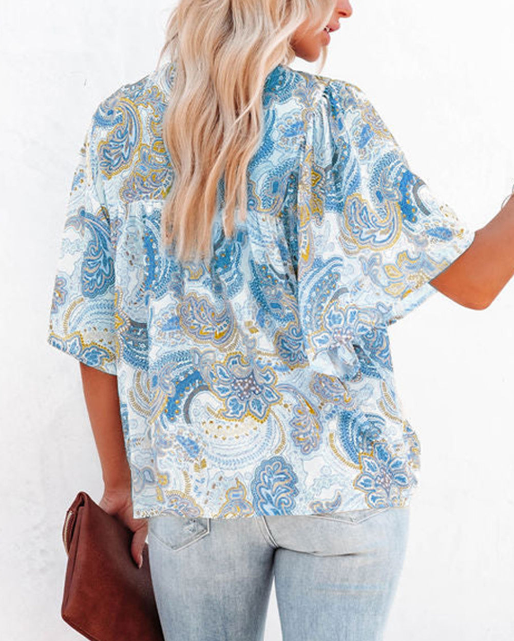 Sky Blue Paisley Print Wide Sleeves Loose Blouse