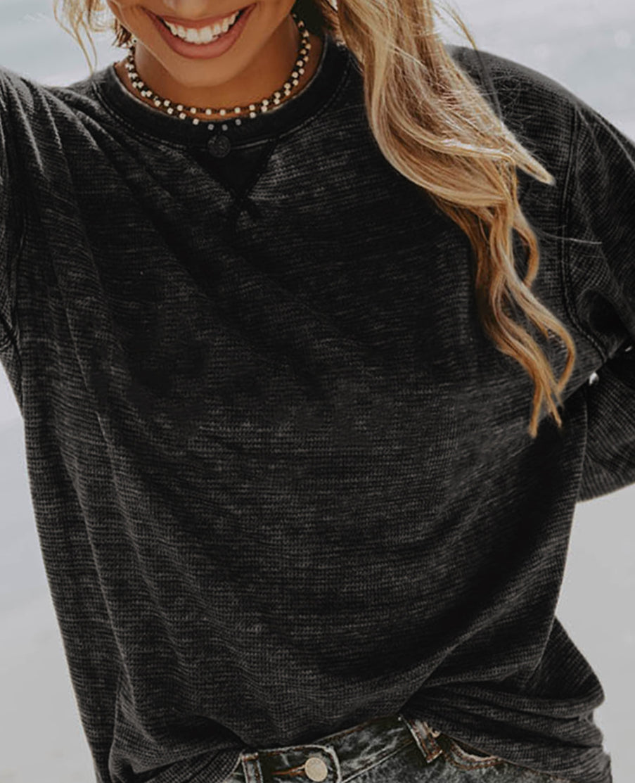 Mineral Washed Expose Seam Waffle Long Sleeve Top