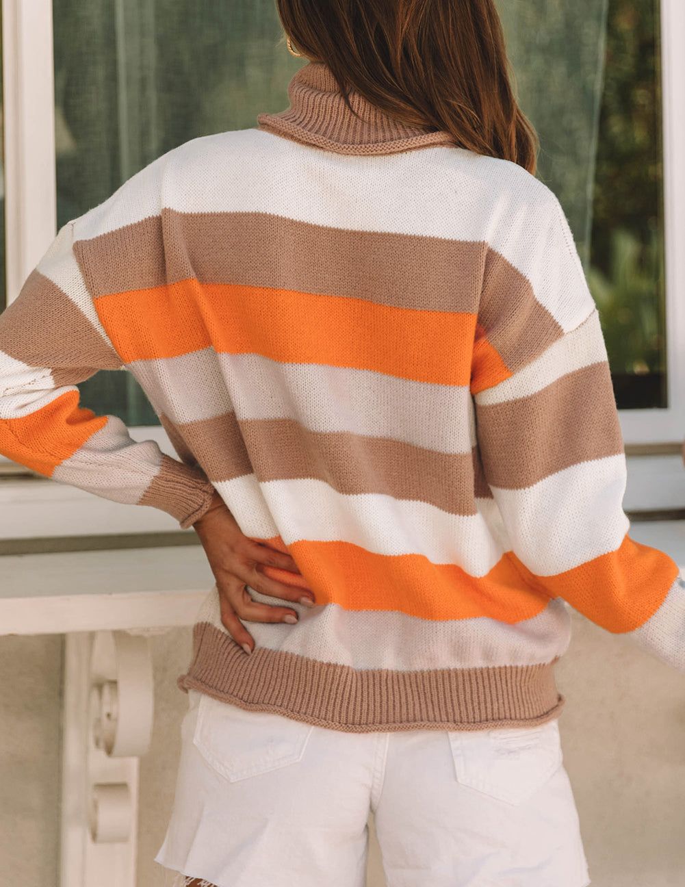 Color Block Striped Knitted Drop Shoulder Turtleneck Sweater