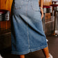 4 Patch Pockets Front Slit Midi Denim Skirt