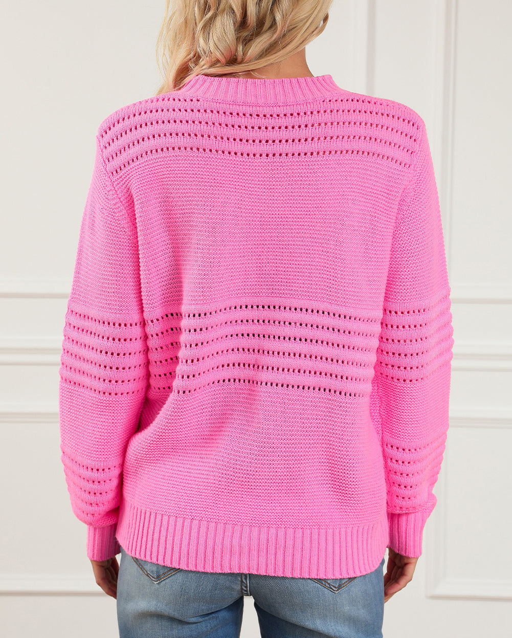 Solid Color Cable Knit Eyelets Mock Neck Sweater