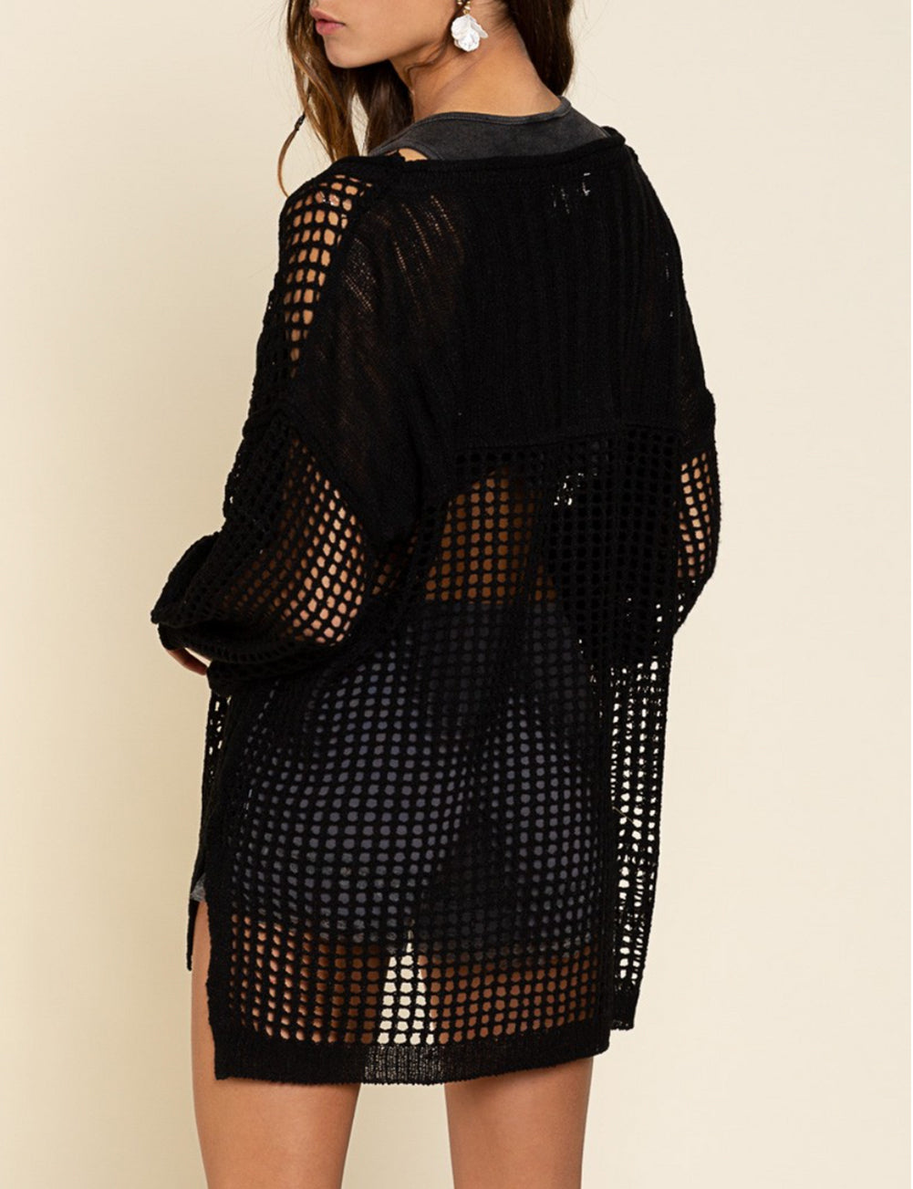 Fishnet Hollow-out Long Sleeve Beach Cover up