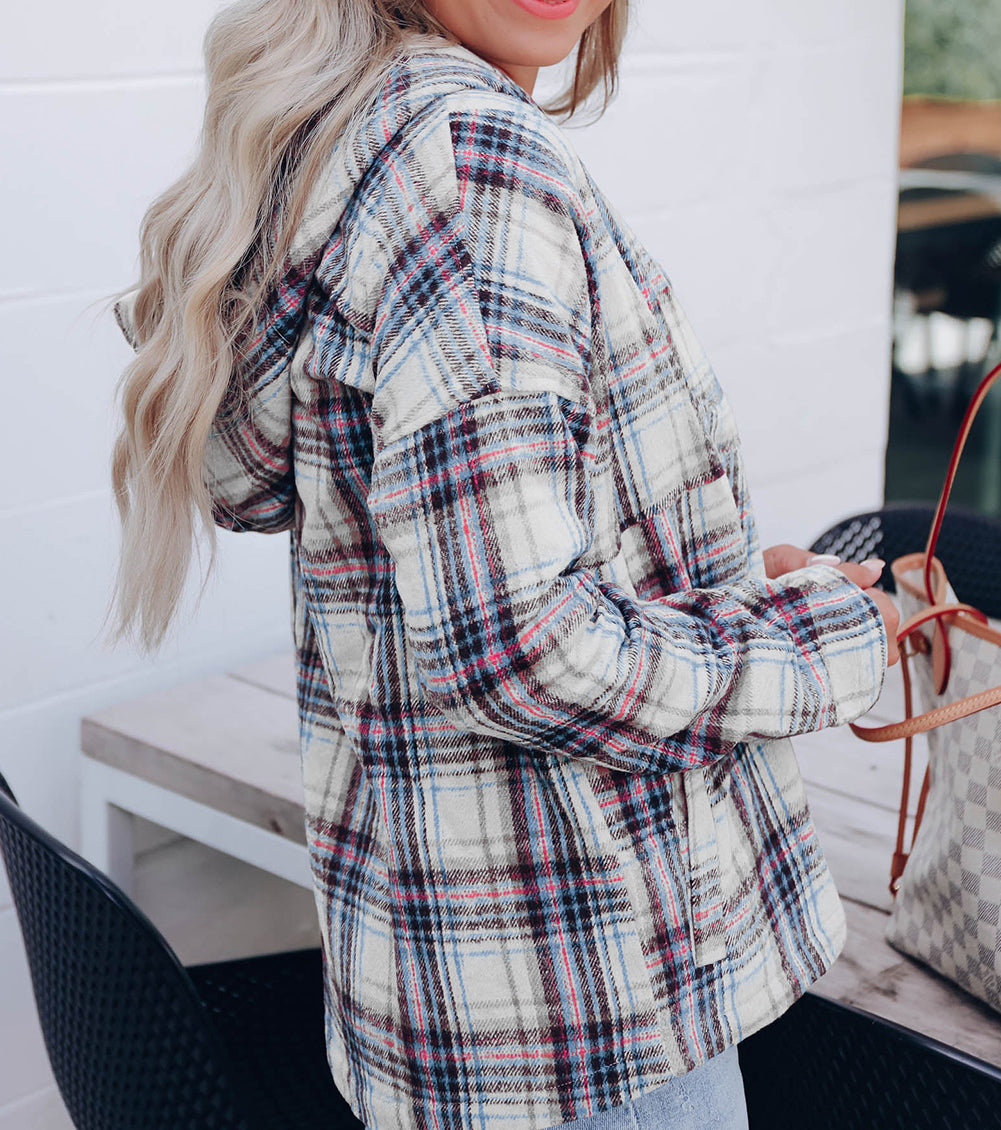 Plaid Button Neck Pocketed Pullover Hoodie