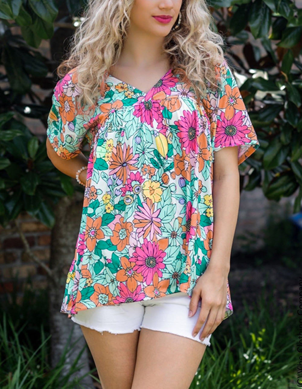 Floral Print Short Sleeve Babydoll Blouse