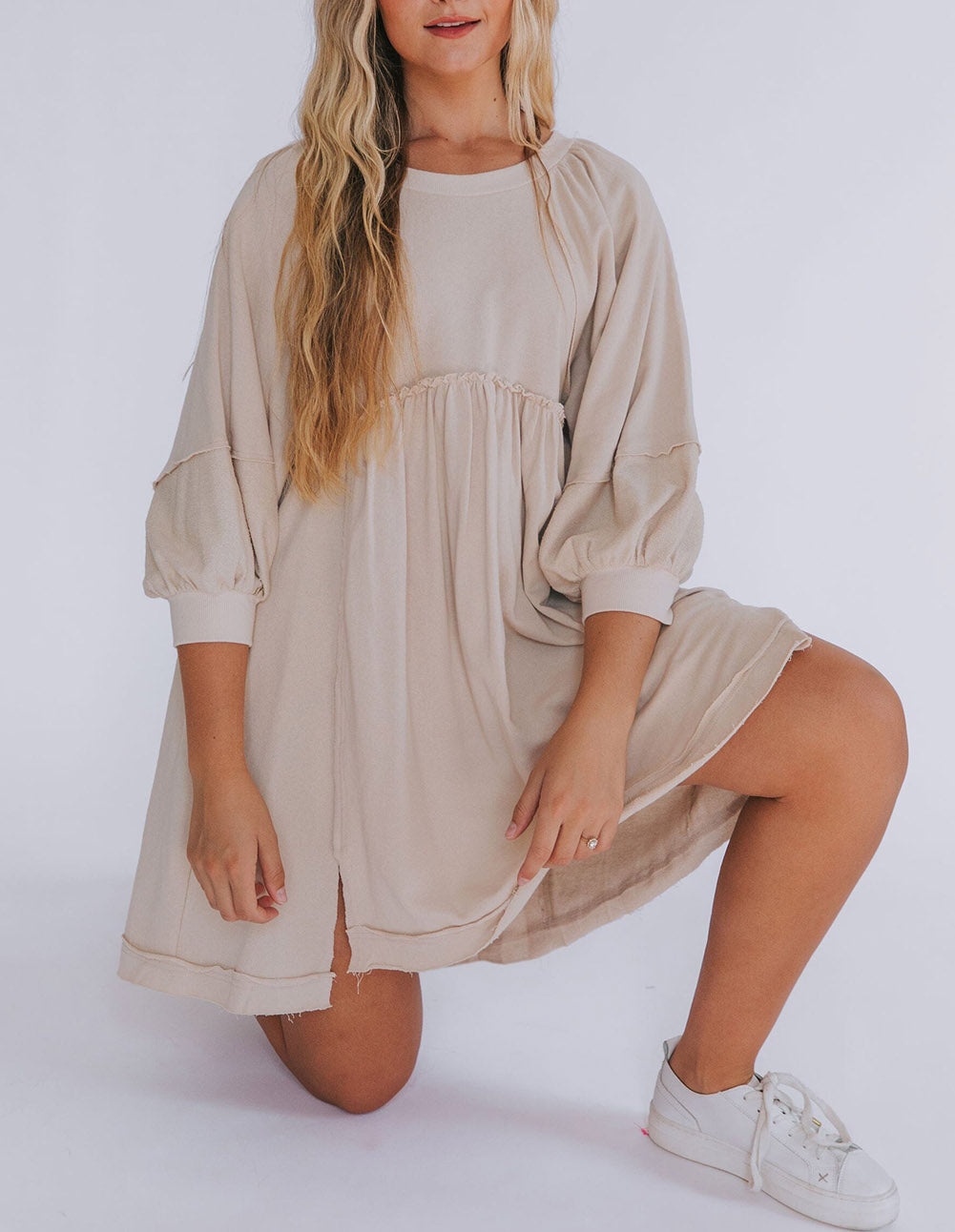 3/4 Sleeves High Waist Slits Mini Dress