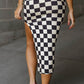 Checkered Print Side Slit High Waist Midi Skirt