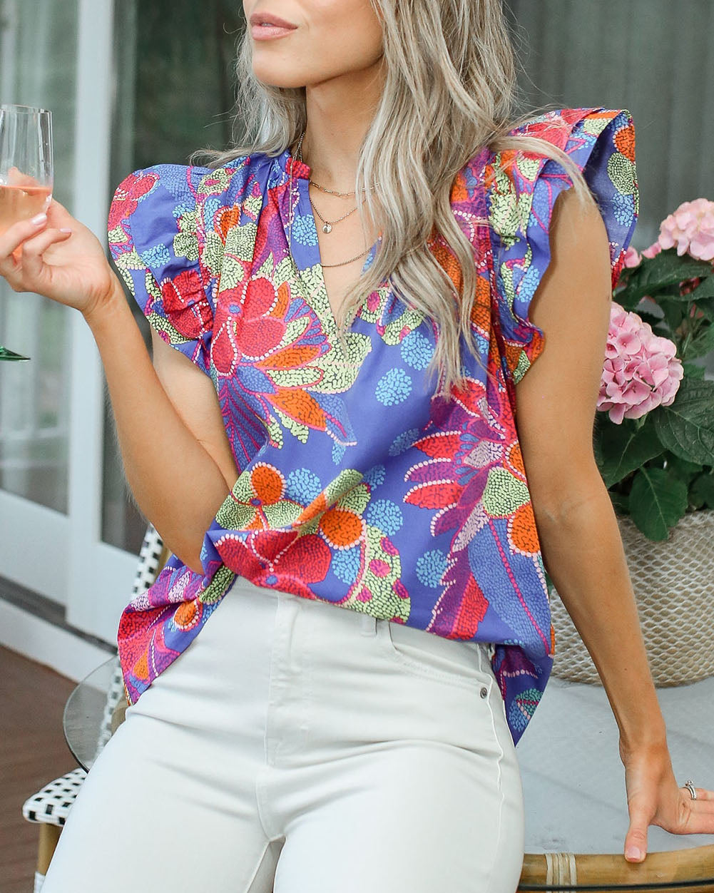 Split V Neck Flutter Floral Top