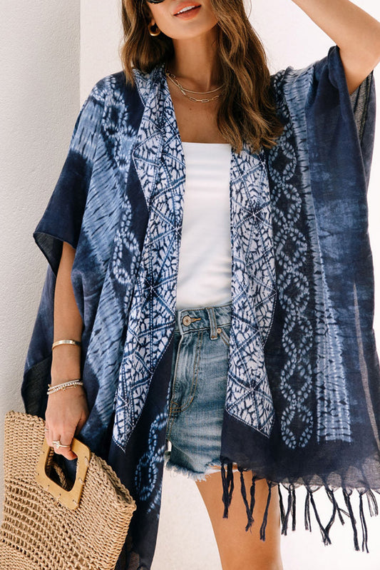Blue Tie Dye Short Sleeves Tassels Kimono