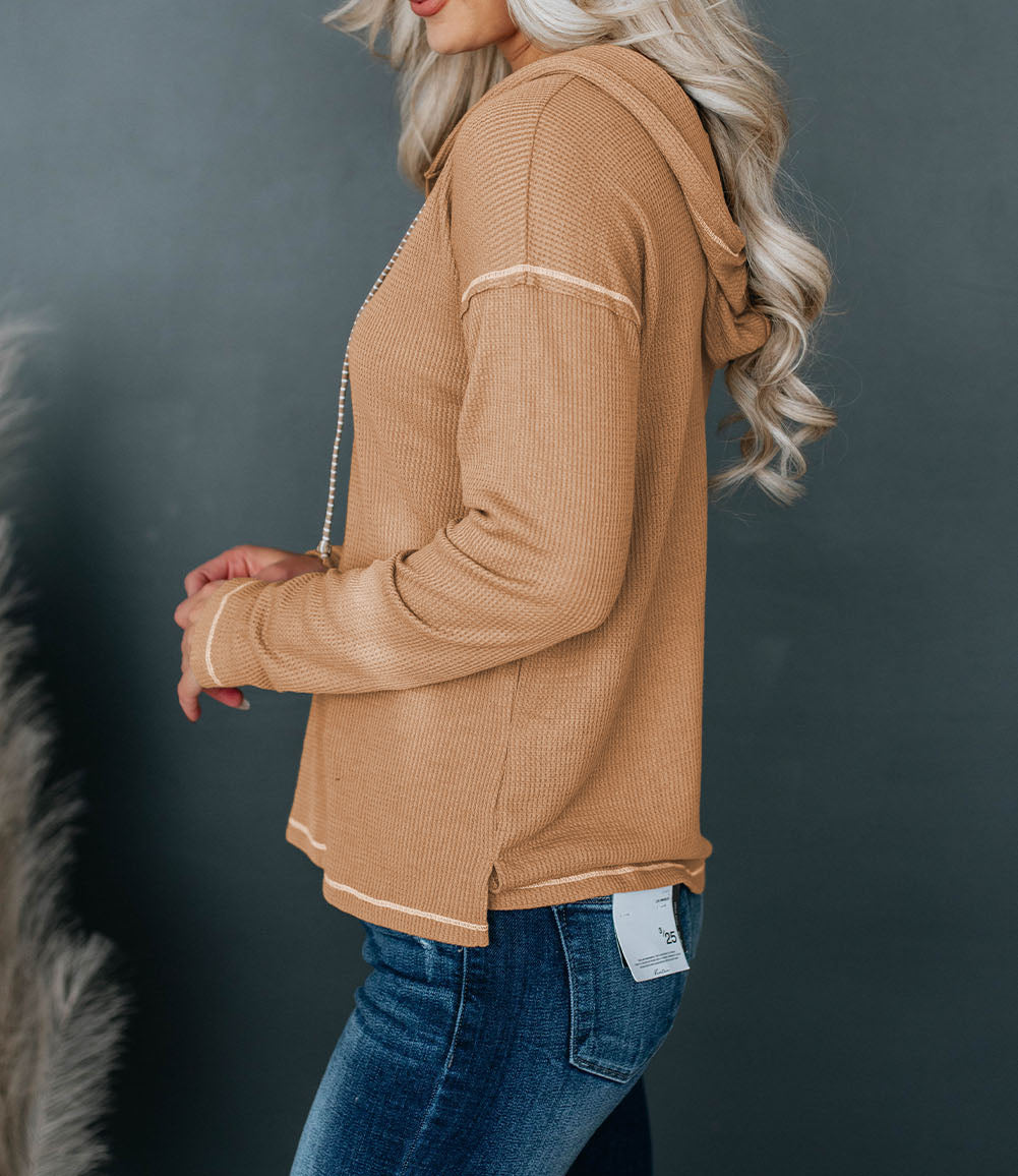 Seamed Drop Shoulder Waffle Knit Henley Hooded Top