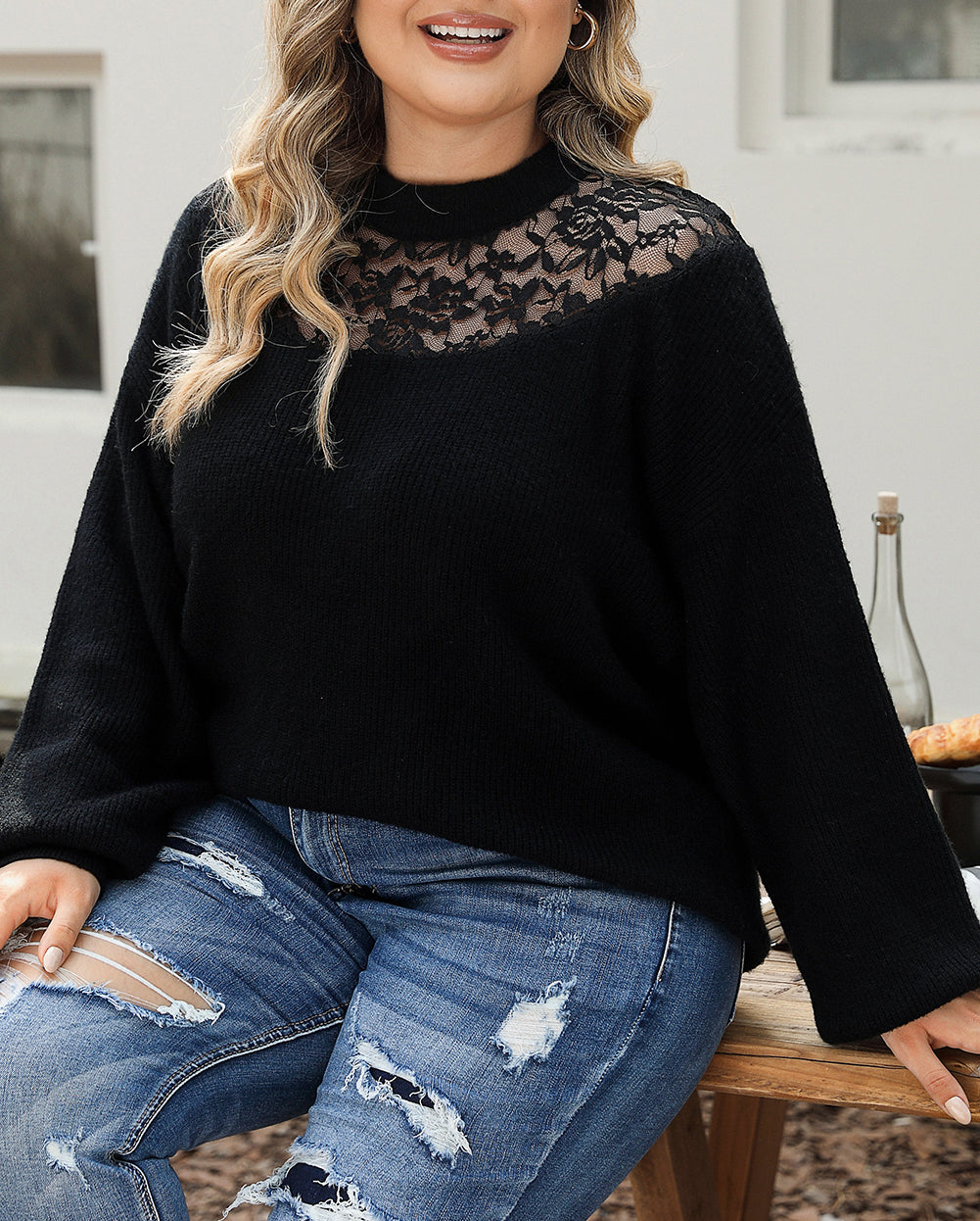 Plus Size Ribbed Knit Lace Splicing High Neck Sweater