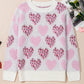 Heart Leopard Print Pearled Ribbed Trim Fuzzy Sweater