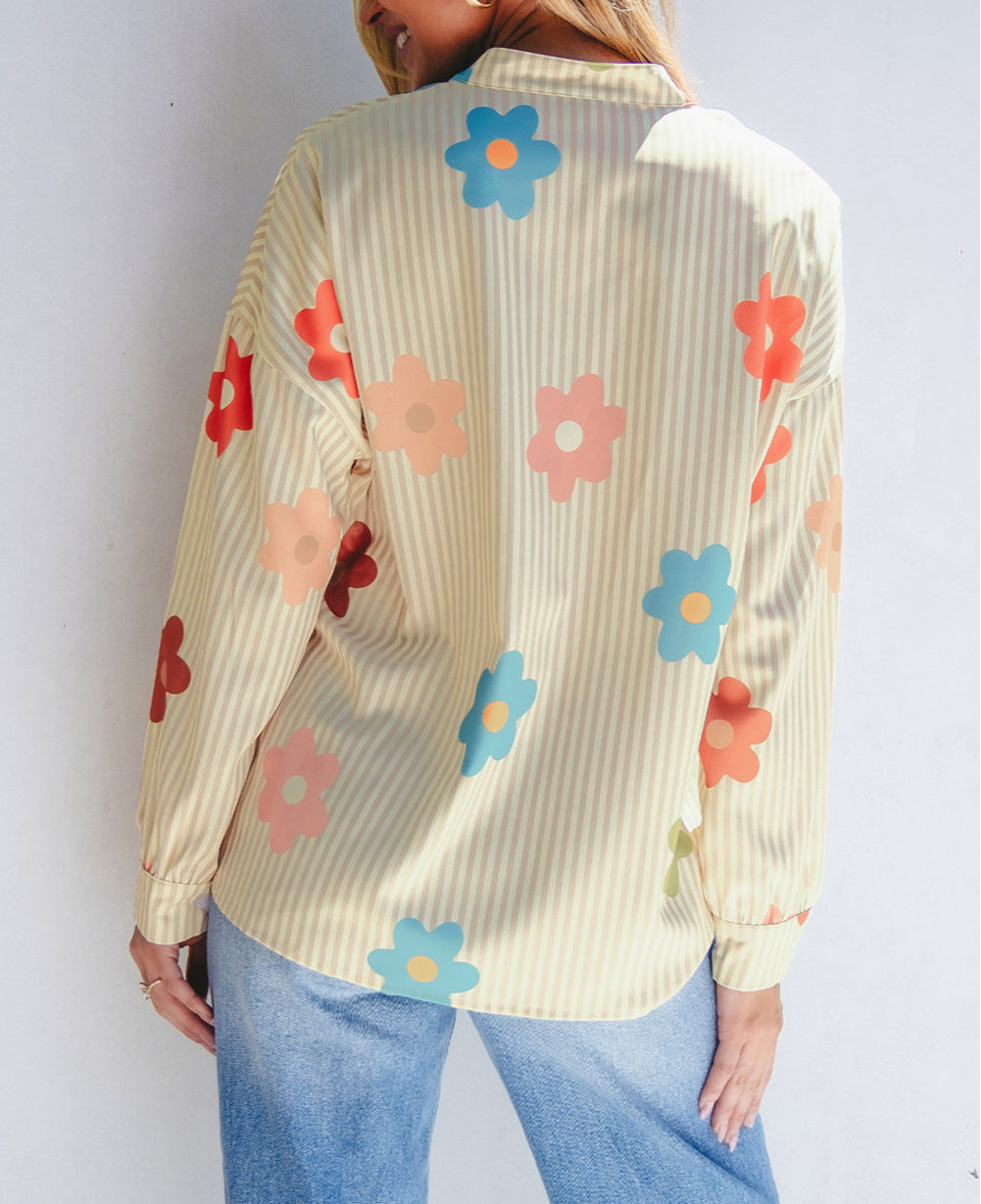 Stripe Flower Print Collared Button-up Loose Fit Shirt