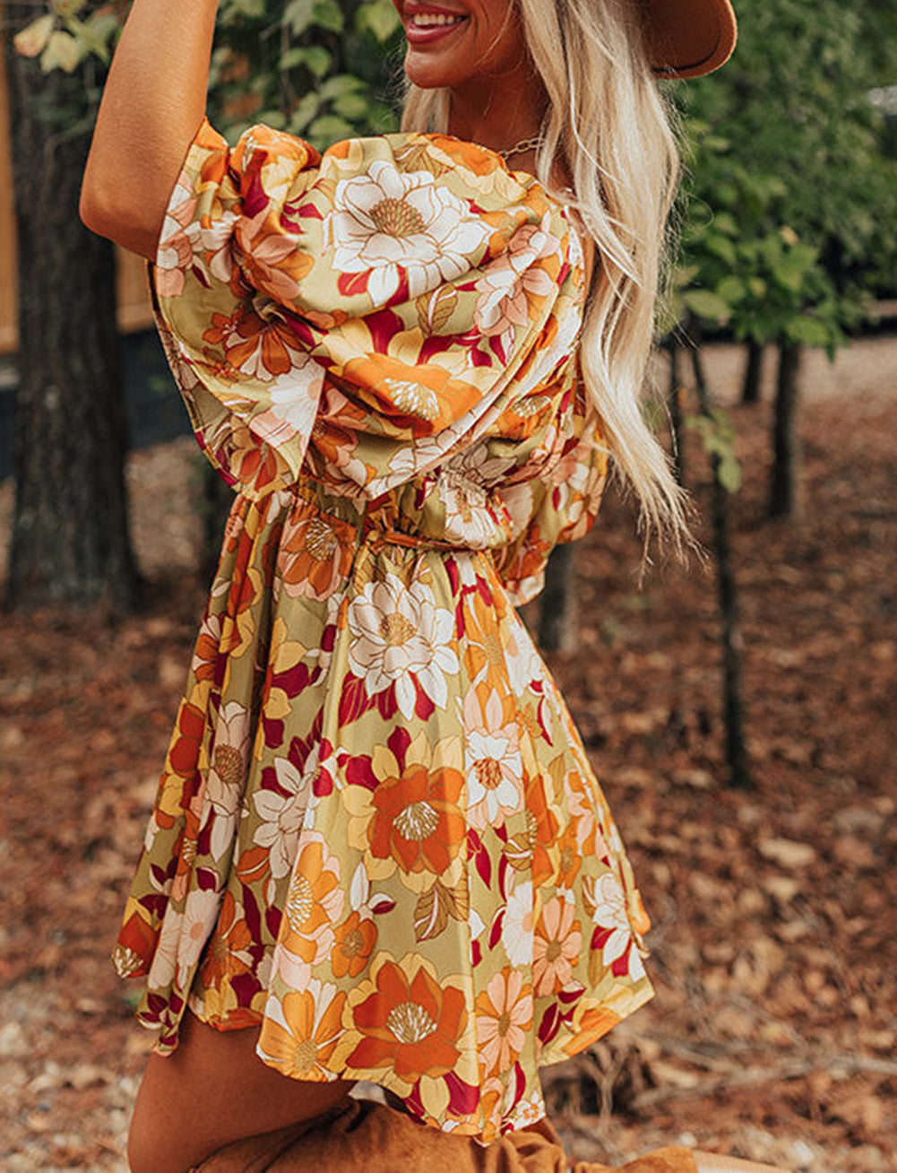 Ruffled Puff Short Sleeve Floral Dress
