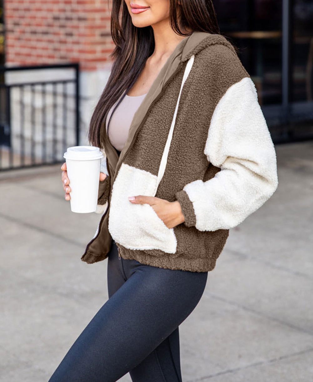 Colorblock Hooded Zip-Up Pocketed Sherpa Jacket