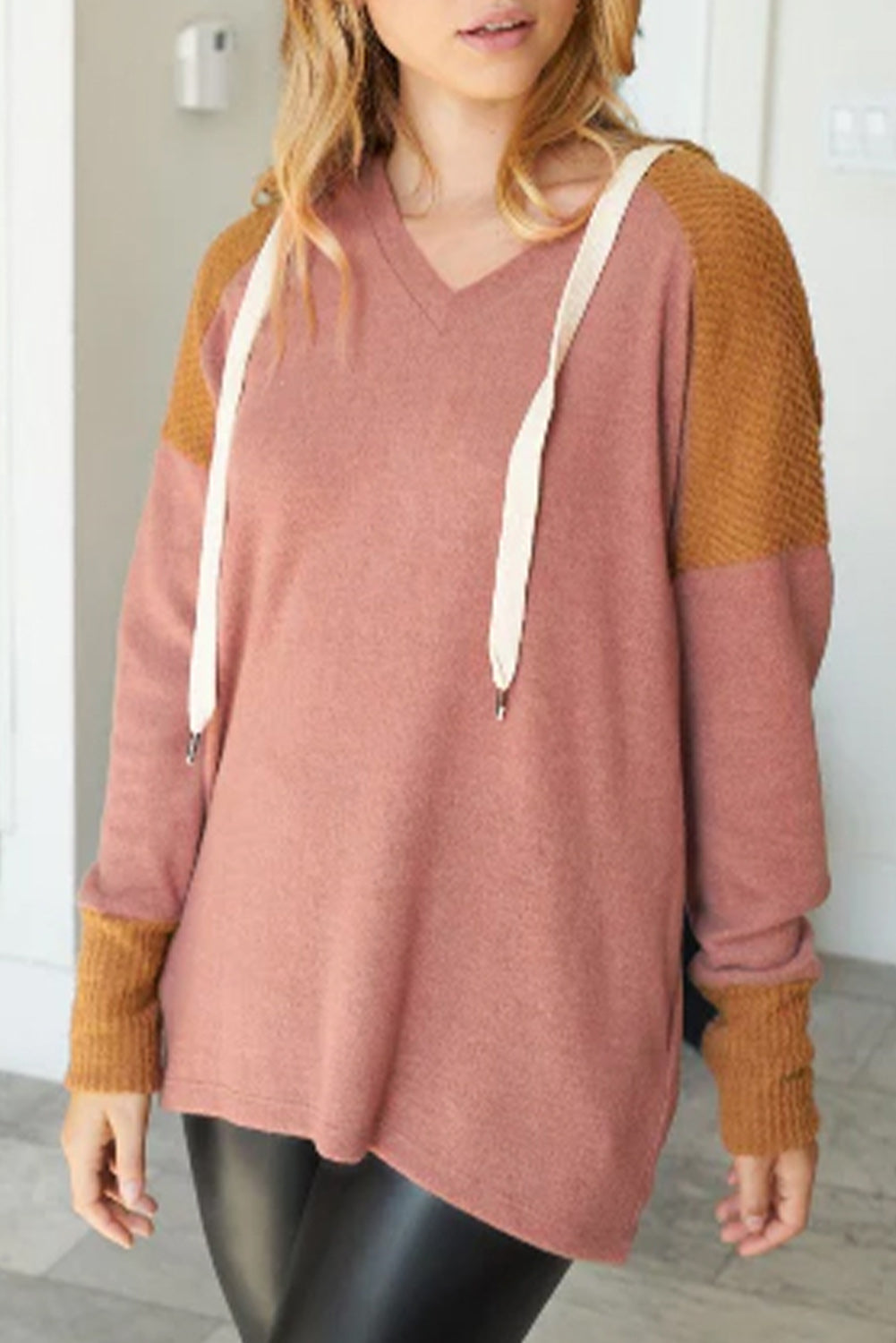 Waffle Knit Patchwork Drawstring V Neck Hoodie