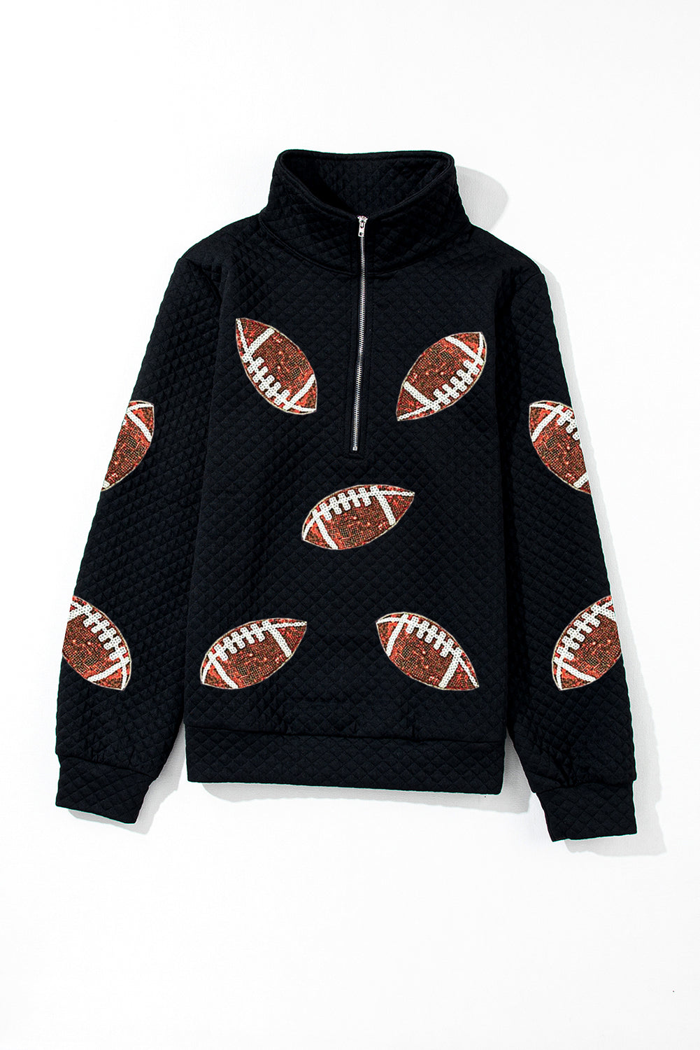 Sequin Rugby Football Patched Quarter Zip Textured Sweatshirt