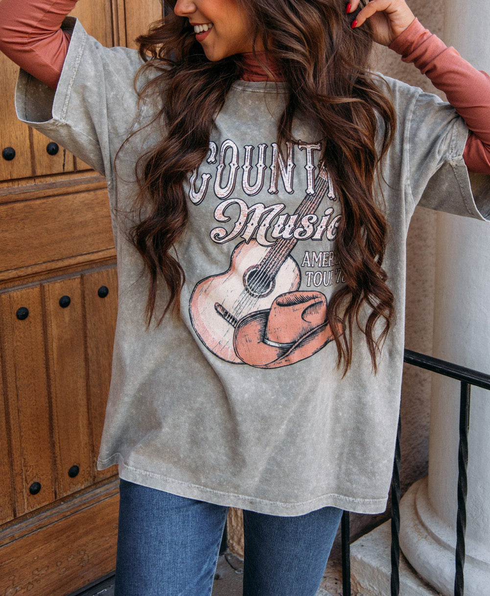 Gray Country Music Vintage Graphic Print Tee