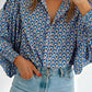 Abstract Print Shirred Cuff Buttoned Oversized Shirt
