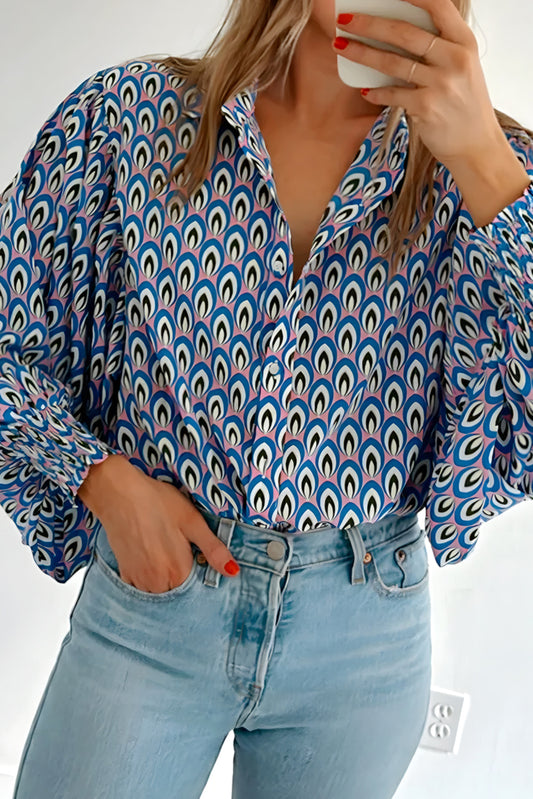 Abstract Print Shirred Cuff Buttoned Oversized Shirt