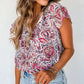 Floral Ruffled Short Sleeve V Neck Blouse