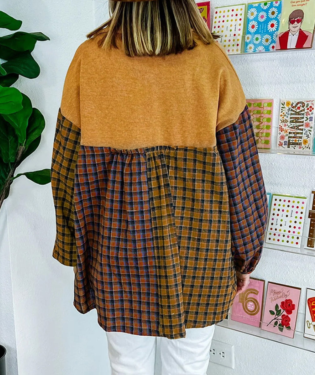 Contrast Plaid Print Puff Sleeve Shirt