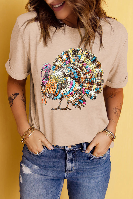 Thanksgiving Turkey Print Round Neck T Shirt