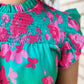 Floral Ruffled Flutter Sleeve Ruched Blouse
