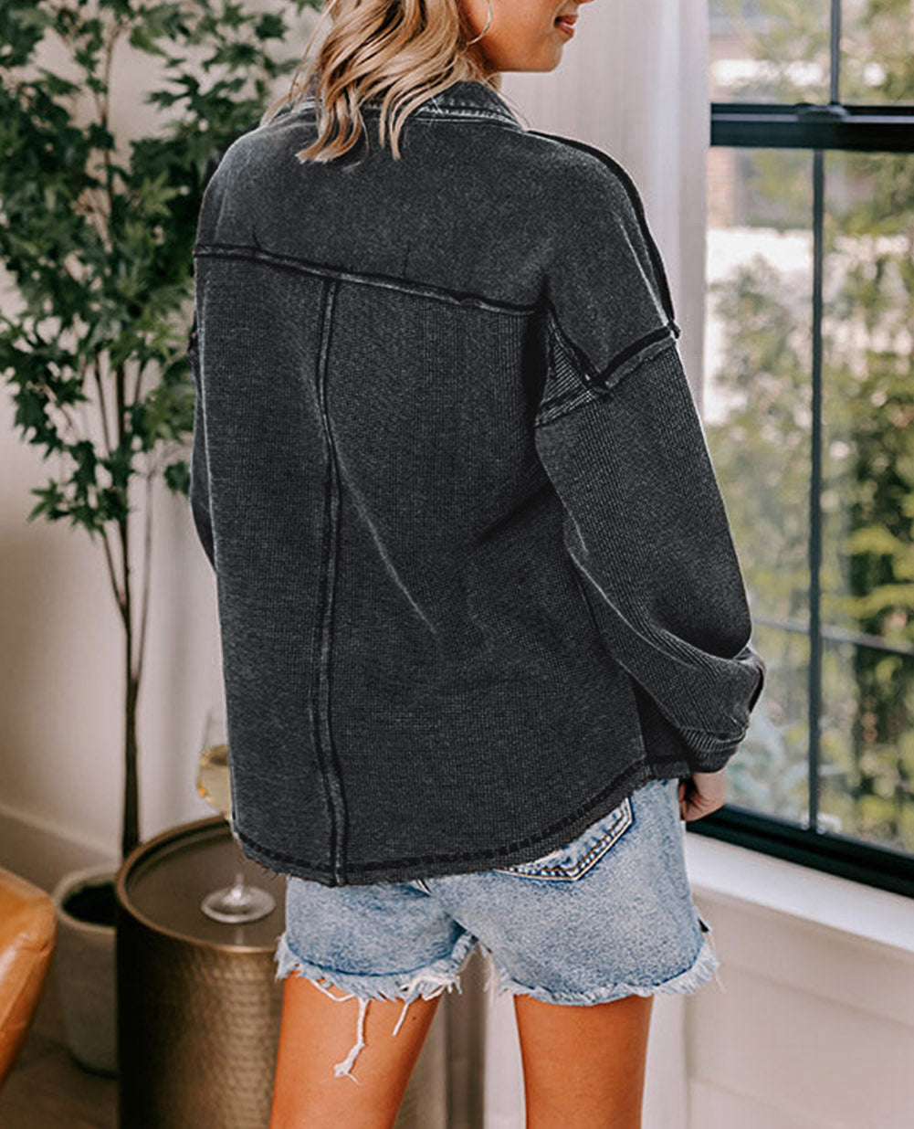 Waffle Exposed Seam Pocket Henley Sweatshirt