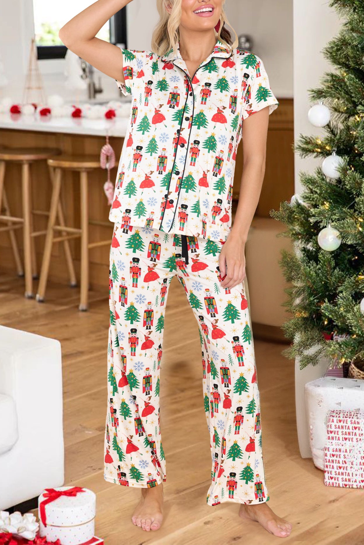 Printed Christmas Pattern Buttoned Two Piece Sleepwear