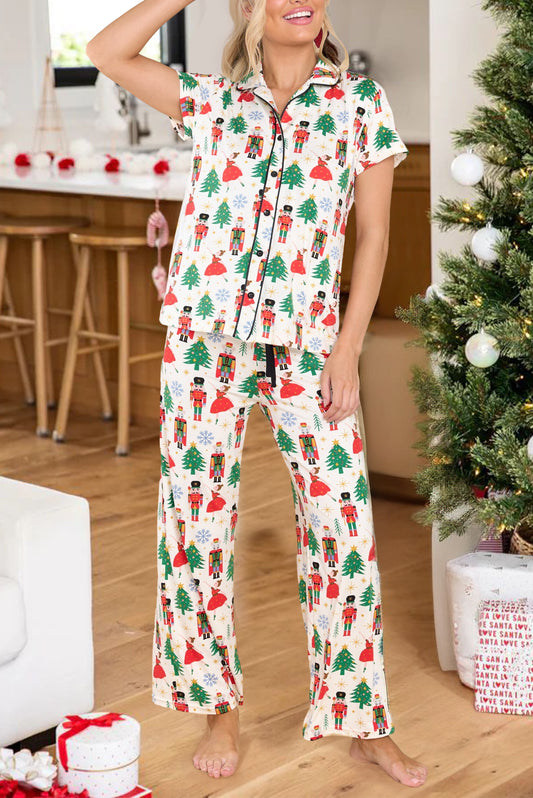 Printed Christmas Pattern Buttoned Two Piece Sleepwear