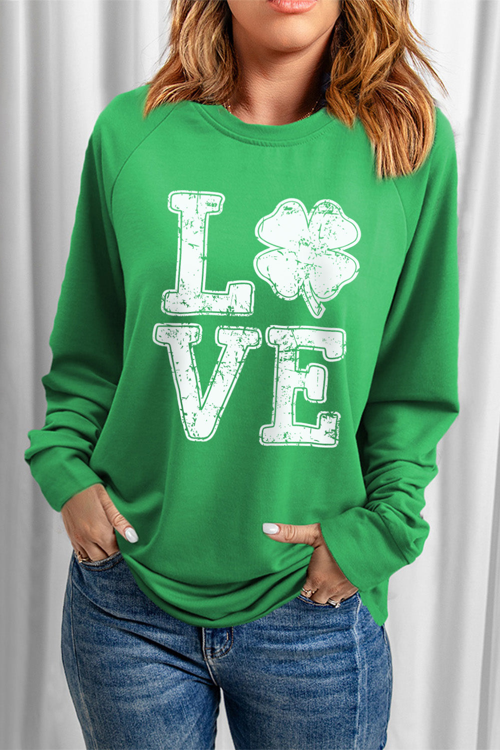 LOVE Clover Print Raglan Sleeve Pullover Sweatshirt