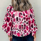 Metallic Threading Accents Pleated Abstract Printed Ruffled 3/4 Sleeve Blouse