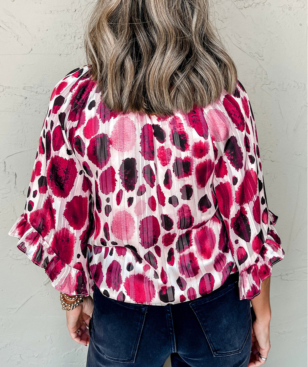 Metallic Threading Accents Pleated Abstract Printed Ruffled 3/4 Sleeve Blouse