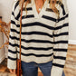 Striped Knit Drop Shoulder Collared V Neck Sweater